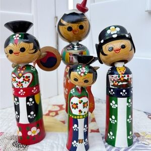 Vintage Kokeshi Bride and Groom Dolls Wood Bobble Heads 5”Tall Set Of 4